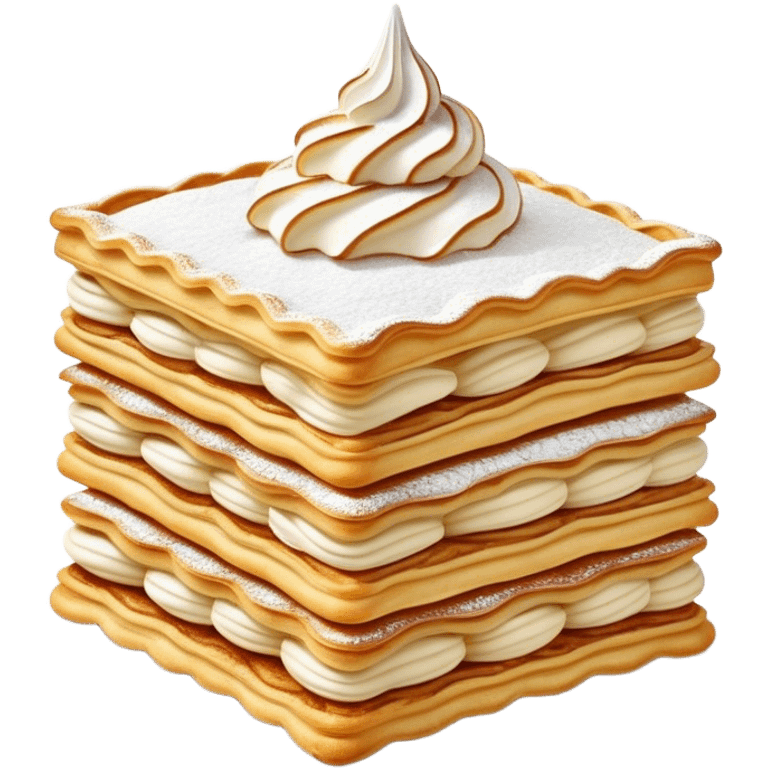 Cinematic Realistic Mille-Feuille Dessert Emoji, depicted as layered puff pastry with rich cream and a dusting of powdered sugar rendered with intricate textures and elegant, soft lighting. emoji