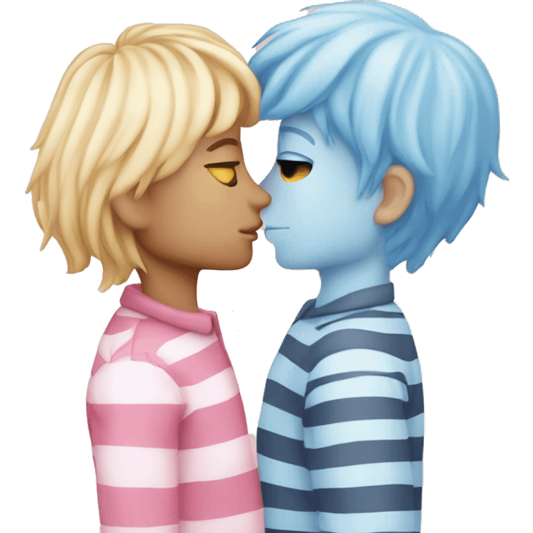 Kissing men, boy withlong blonde hair kissing a pale blue striped face pink hair man emoji