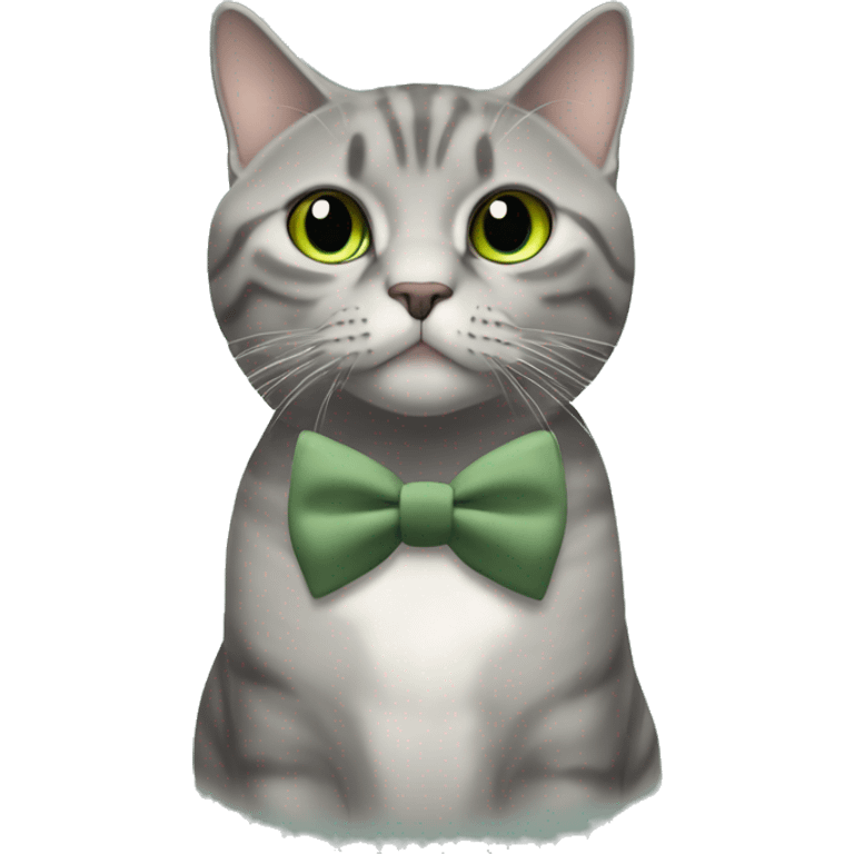 Aesthetic fat grey tabby British short hair full body cat with sage green bow tie emoji