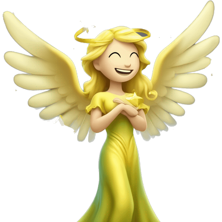 money angel fair skinned with loveing smile a lady in yellow whitish greenish long gown with huge golden wings abundance wealth prosperity stars money just flowing around her emoji