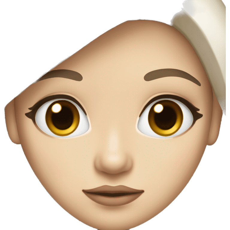 A white brunette girl with brown eyes, plump lips and a white bow emoji