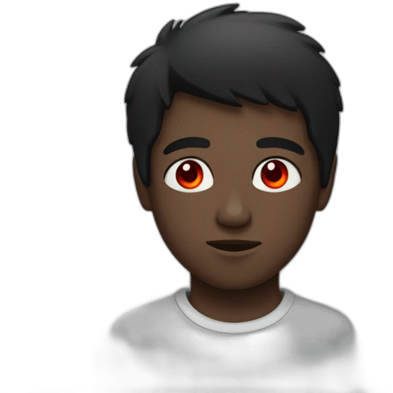 A dark boy with black hair wearing a T-shirt with red eyes emoji