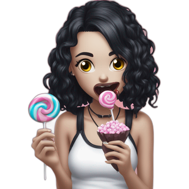 Hot goth girl posing licking candy emoji