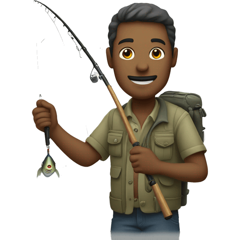 man holding fishing rod hooked with fish emoji