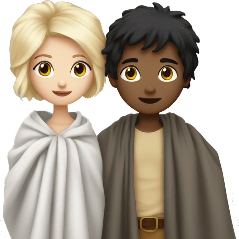 blondie girl and black hair boy in blanket emoji