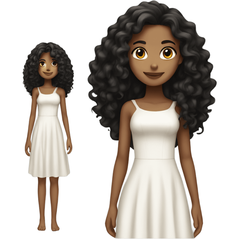 Tan girl with black long curly hair white dress full body emoji