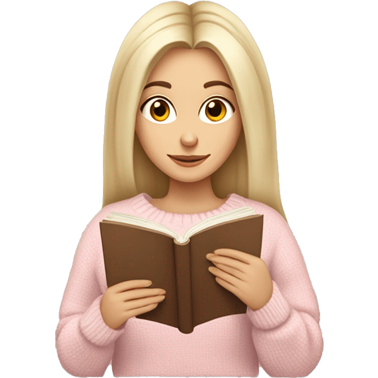 Pretty brown eyed white girl with light pink sweater reading cozy emoji