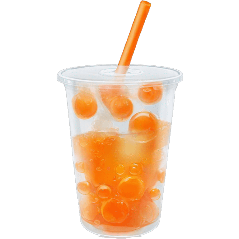 Realistic clear plastic cup half full of Transluscent soda with carbonation bubbles, carrot shaped ice cubes inside the cup and orange curly straw through the top  emoji