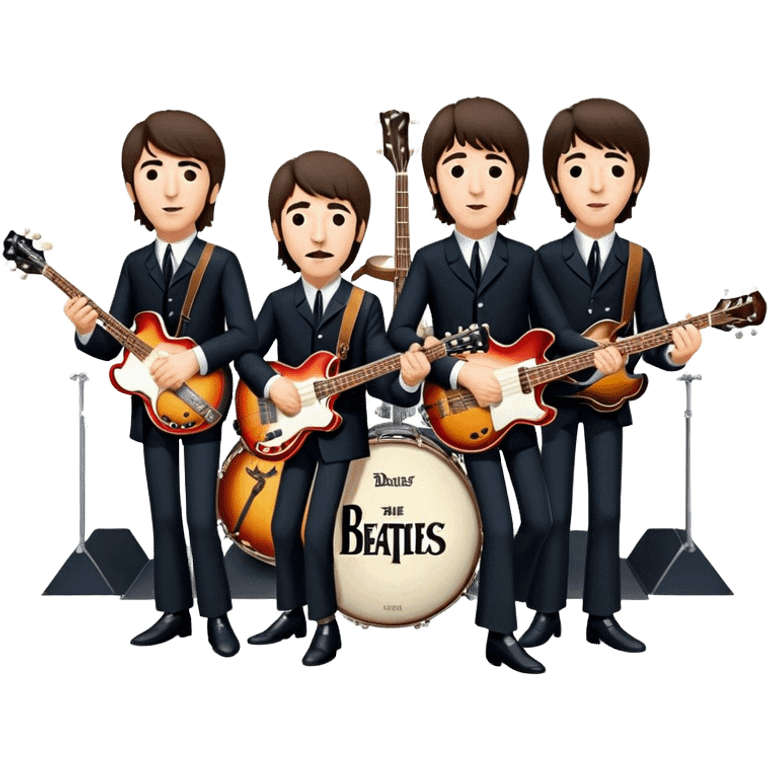 Rock music icon: The Beatles performing live on stage. John Lennon with guitar, Paul McCartney with bass, George Harrison with guitar, Ringo Starr on drums. Bright lights, energetic performance. Transparent background. emoji