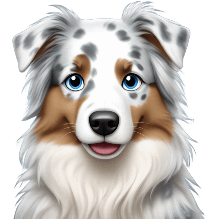 woman with blue eyes and long straight blonde hair is holding a very fluffy blue eyes, blue merle australian shepherd  emoji