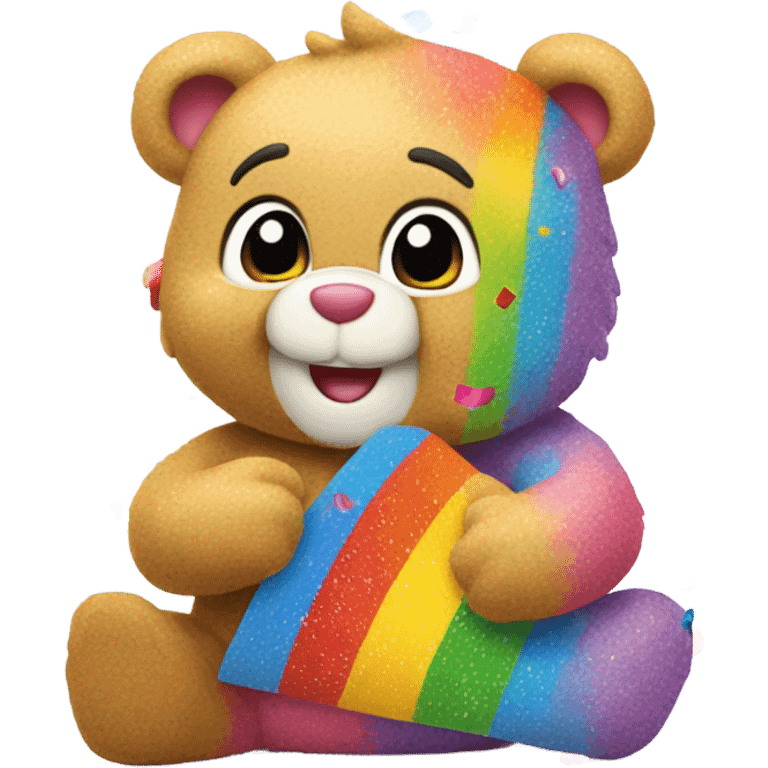 Carebear holding rainbow stuffed animal with confetti and sprinkles all over him emoji