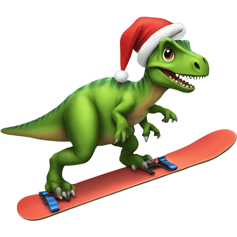 Dinosaur snowboarding with Santa hat emoji