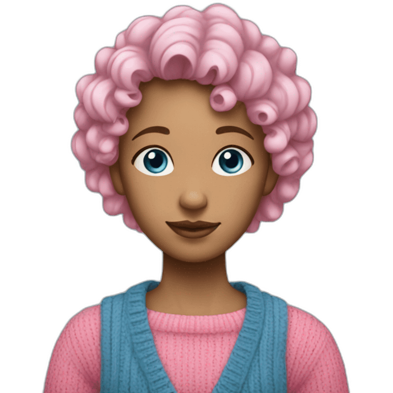 A girl, with curly blue hair, blue eyes, wearing a pink sweater. emoji