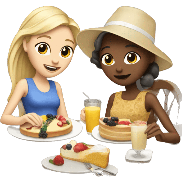 Blonde and brunette, white girls eating brunch. The brunette has a birthday hat on emoji