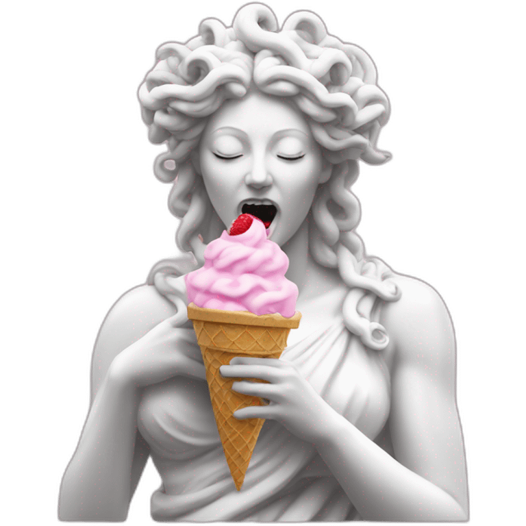 white statue of Medusa Gorgo eating pink ice cream emoji