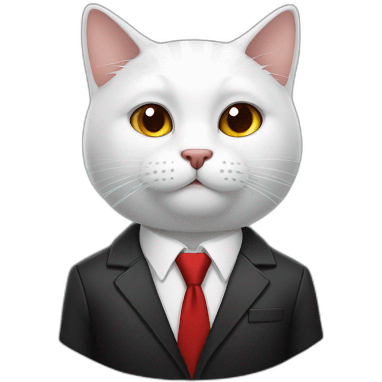 Boss amd white cat, white skin, black hair, brown eyes, black jacket with red tie. speek with client emoji