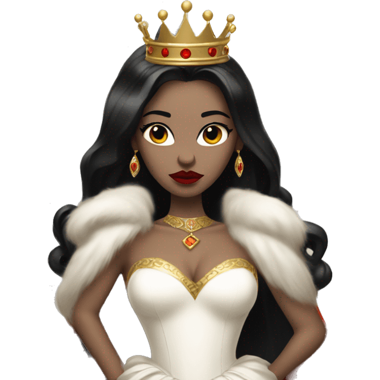 Queen with pale skin, long black hair, bright red lips, skinny gold crown, white dress, and evil stare.  emoji