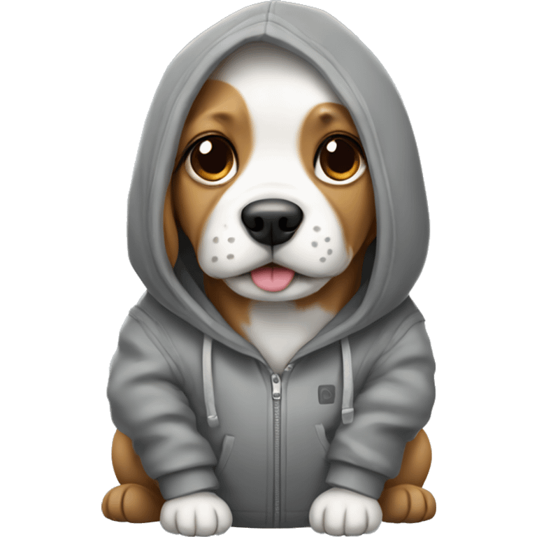 Dog wearing a grey hoodie with a backpack on emoji