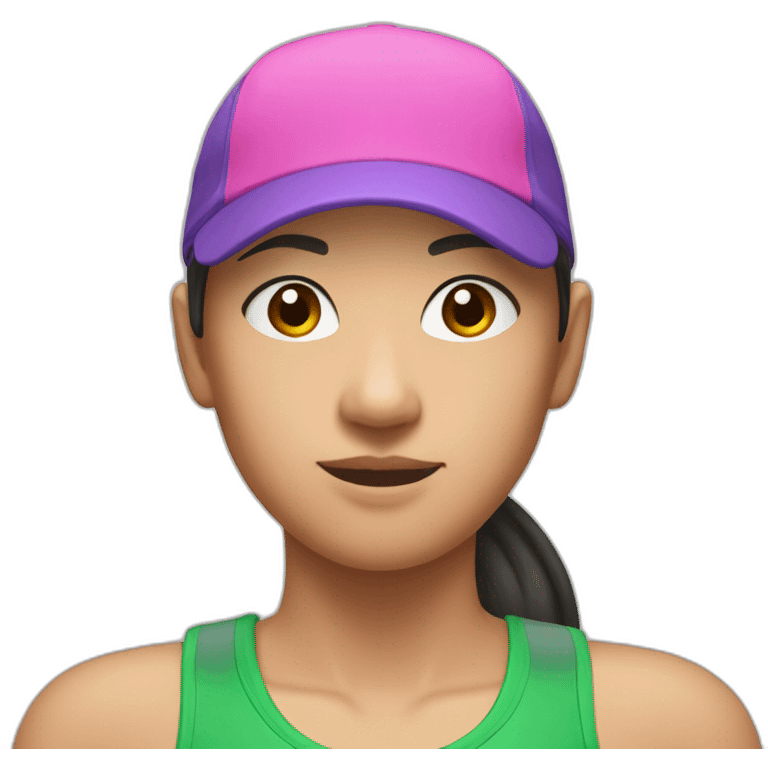 asian woman wearing a green sports cap backwards on her head a wearing a pink and purple singlet emoji