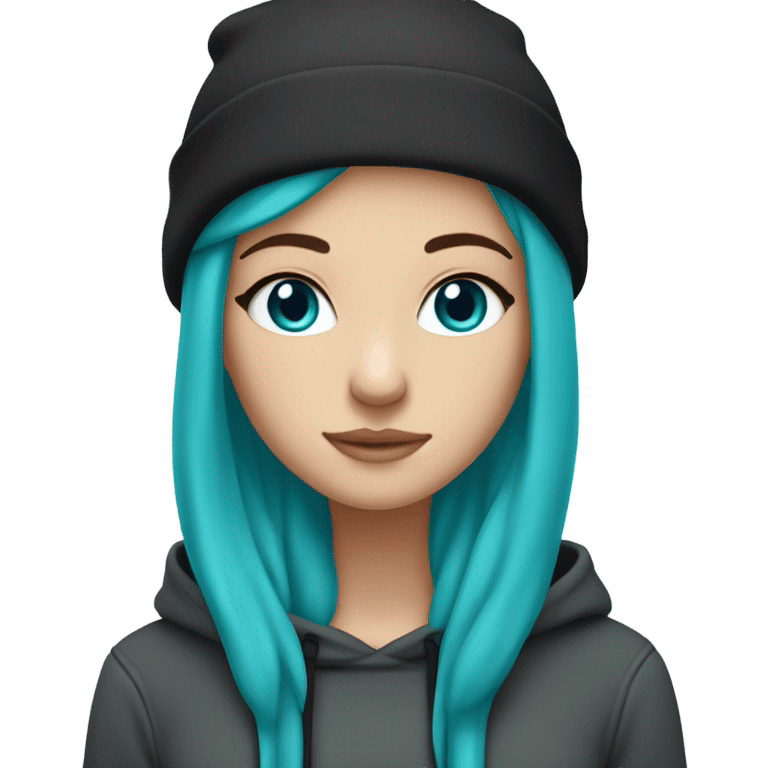 White girl, blue eyes, long teal hair, purple beanie hat, black hoodie emoji