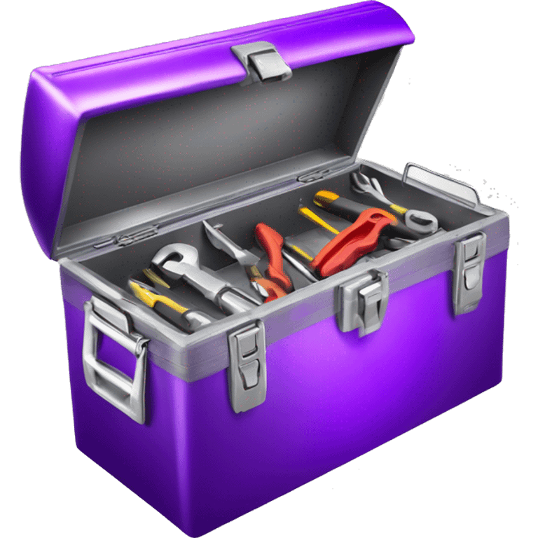 Realistic metallic purple tool box with top open and tools inside of it isolated.  emoji