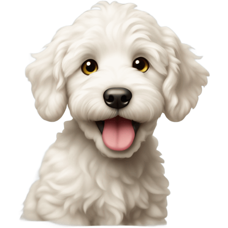 Playful white labradoodle puppy sticking its tongue out  emoji