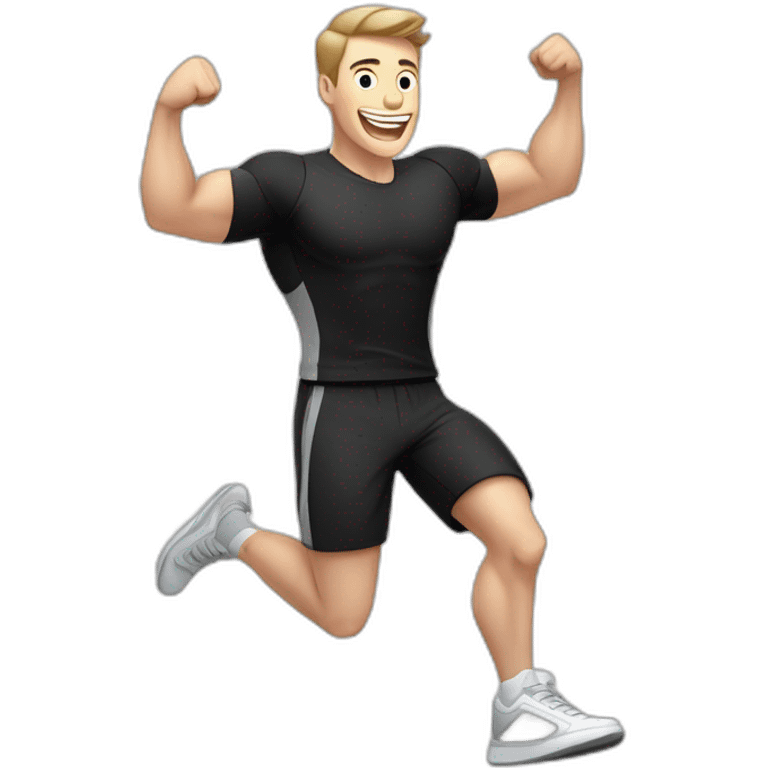 Joyful Celebrating victory Pale skinned Fit Man With the biceps and dark brown hair in black shirt, gray sports shorts and white Sneakers emoji