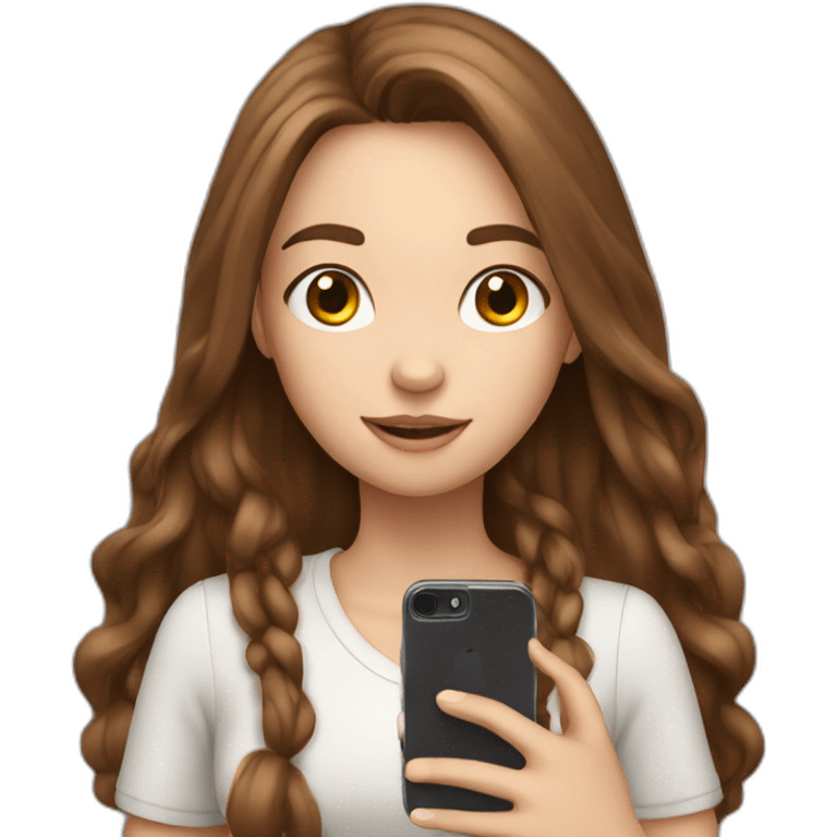 White cute girl with long brown hair holding phone emoji