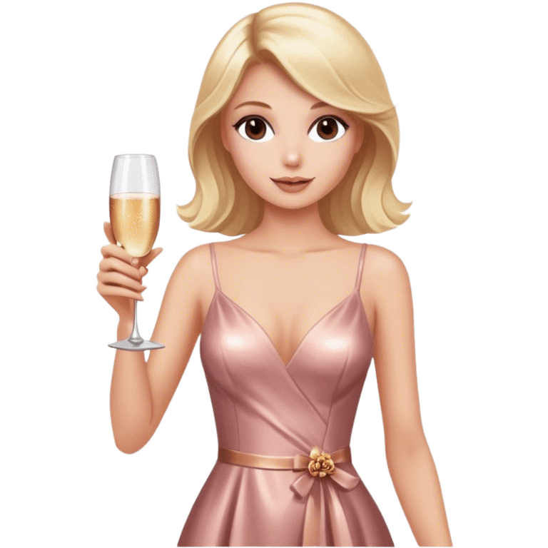 Pretty Blonde model, brown eyes, wearing a rose gold dress, raising a glass of champagne emoji