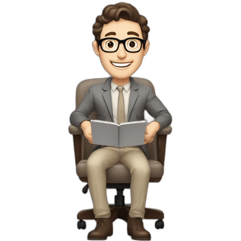 Joyful Celebrating victory Pale skinned Fit Man With dark brown hair in gray jacket, beige office shirt, Brown pants and vintage glasses sitting In a soft chair with a notebook and a pen emoji