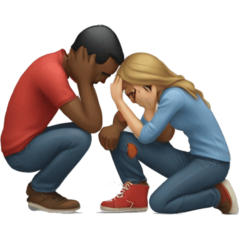 A man kneeling and crying while trying to repair his girlfriend's broken heart. The heart should be depicted as a broken emoji heart, emphasizing the emotional scene. emoji