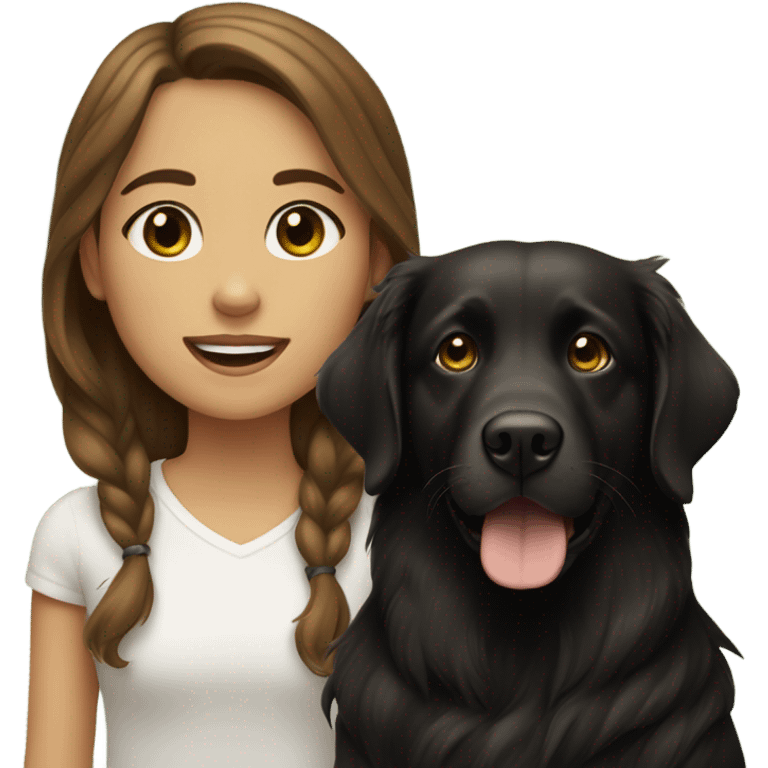 Girl with brown hair and green brown eyes next to a black golden retriever emoji