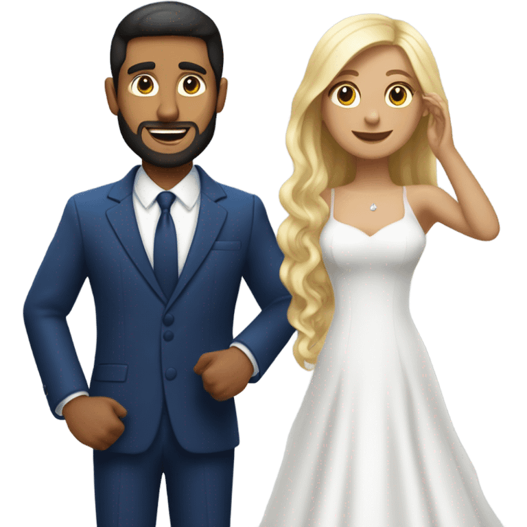 Puerto rican beard short hair with blue hat and navy blue suit getting Married with blond long hair girl with white  wedding dress  emoji