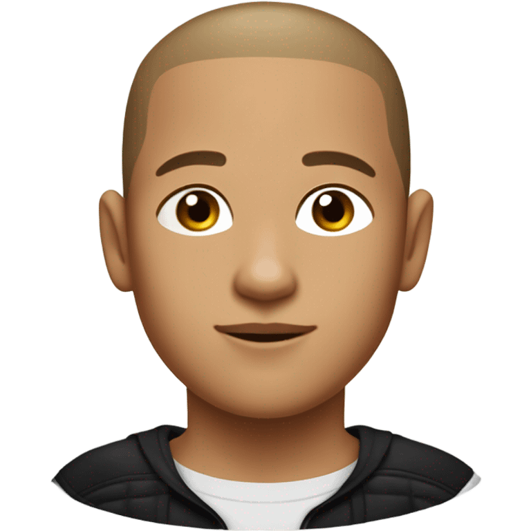 boy with very light brown skin, buzz cut, no facial hair, wearing a smart black quarter zip jumper with white t shirt underneath. emoji