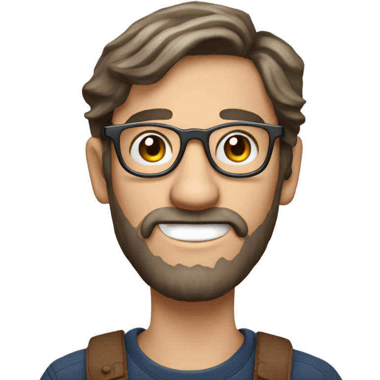 generate an emoji style image of a white beardless 20 years old man with long brown hair and round metal glasses but nerdy, holding a gadget and a phillips screwdriver emoji