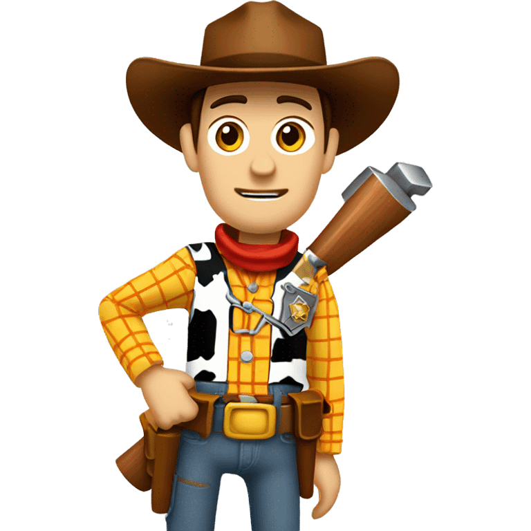 sheriff woody of construction site wearing a tool belt holding a hammer emoji