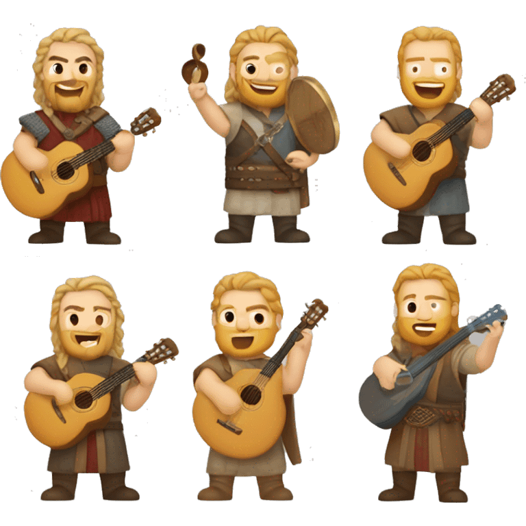 one caucasian bard with citar and one norse wiking singing together emoji