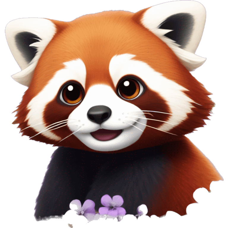 Red panda surrounded by emoji style lilac flowers with backround emoji