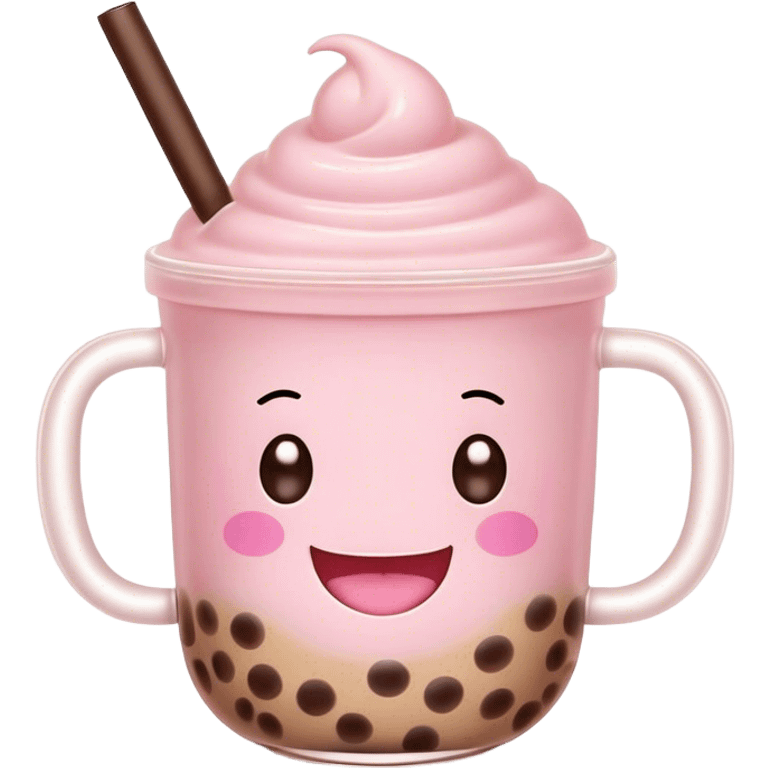 Cute Kawaii Boba Tea Cup, with a happy smiling face, chubby round shape, pastel pink and brown colors, soft glowing highlights, adorable tapioca pearls floating inside, sparkling eyes full of joy! emoji