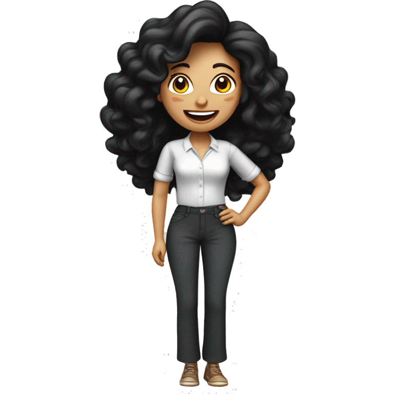 And a 3D illustration of a female character with long medium curly black hair smiling wearing lipstick round face black eyes animated point the character should wear modern casual clothing such as pantaloon pants formal blouse emoji