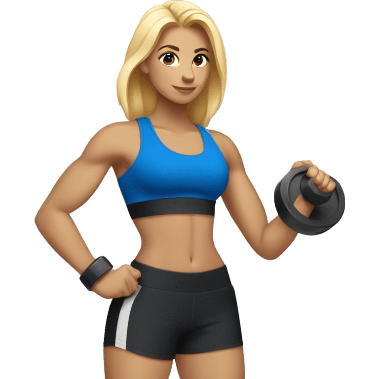 blonde woman working out with a black tank top and a blue shorts and she is holding a dumbell emoji