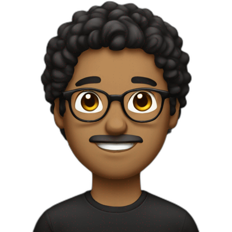 Brown guy, black eyes, black wavy hair, no facial hair, thin long nose, round glasses, black t shirt emoji