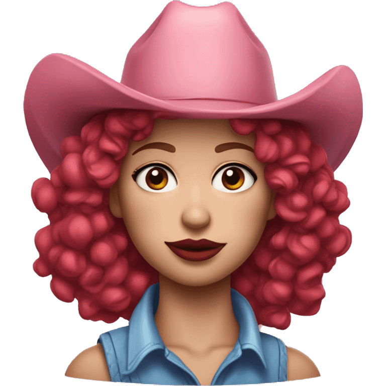 Woman with curly wine red hair and pale face makeup on, red lips, blue eyeshadow, and a pink cowboy hat on emoji