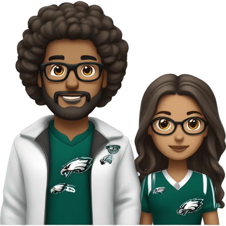 Brown guy with beard mustache and brown girl with glasses and her hair in a bun in Philadelphia eagles clothes holding hands emoji