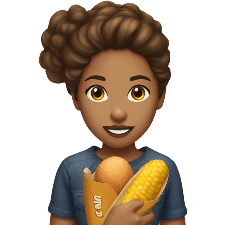 Girl with brown wavy hair  and olive skin tone and hazel eyes eating a corn dog emoji