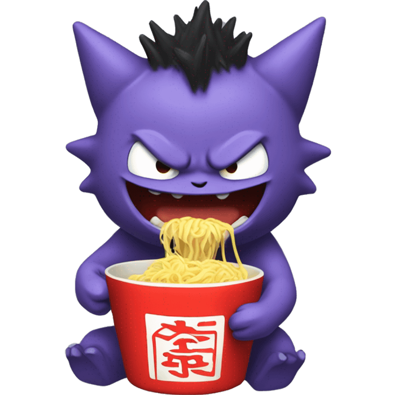 iOS emoji art style, Pokémon character Gengar, eating ramen noodles. emoji