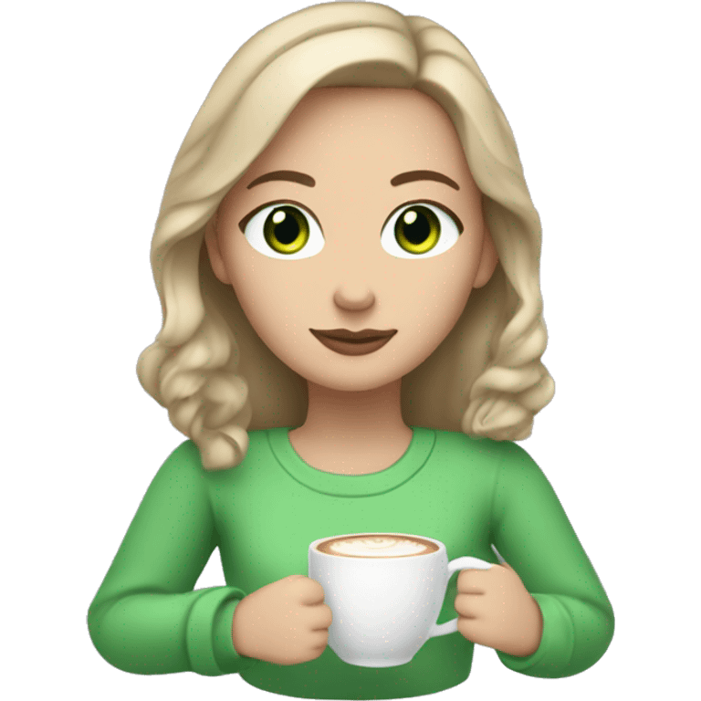 A white girl with dark blonde hair, green eyes, and is wearing a lilac sweater sipping a latte emoji