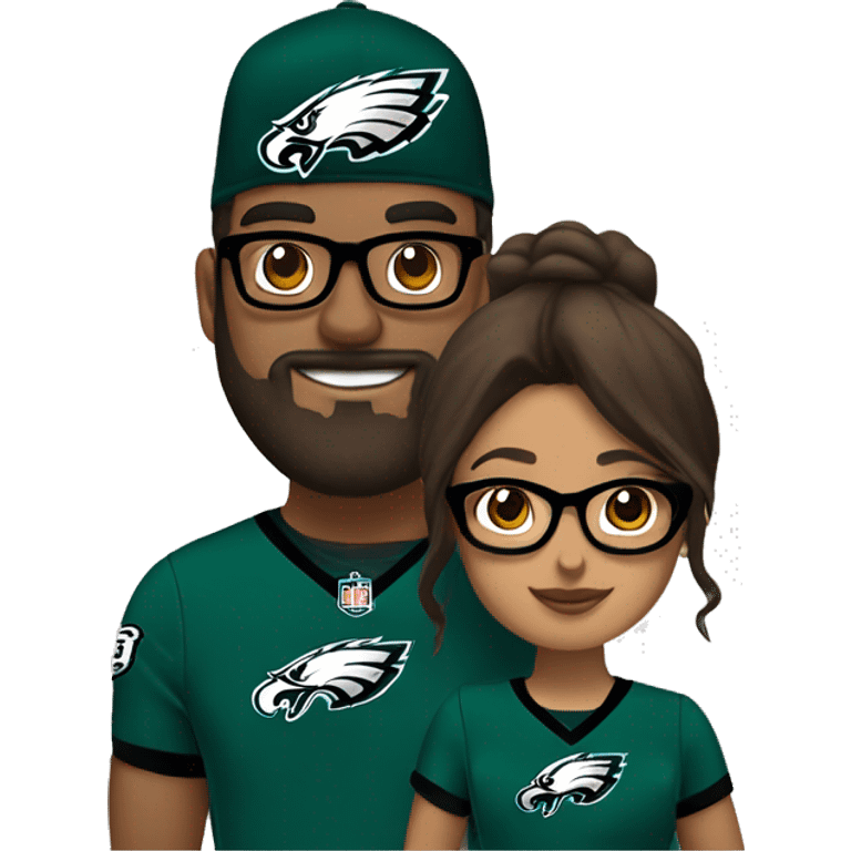 Stalky Brown guy with beard mustache and brown girl with glasses and her hair in a bun in Philadelphia eagles clothes holding hands emoji