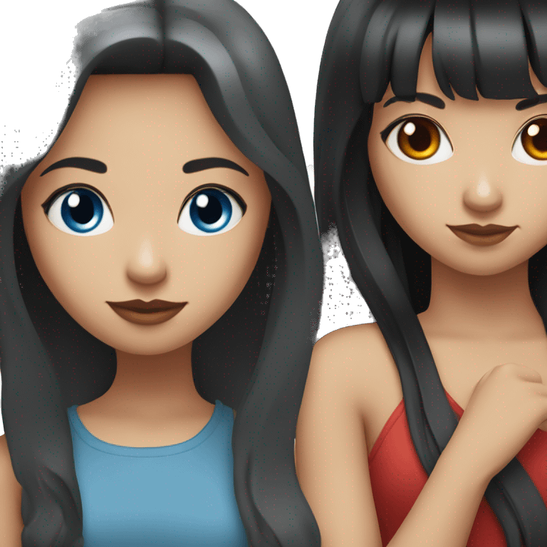 Two girls, one with black long hair, blues eyes and one with red long hair, straight bangs am blues eyes emoji