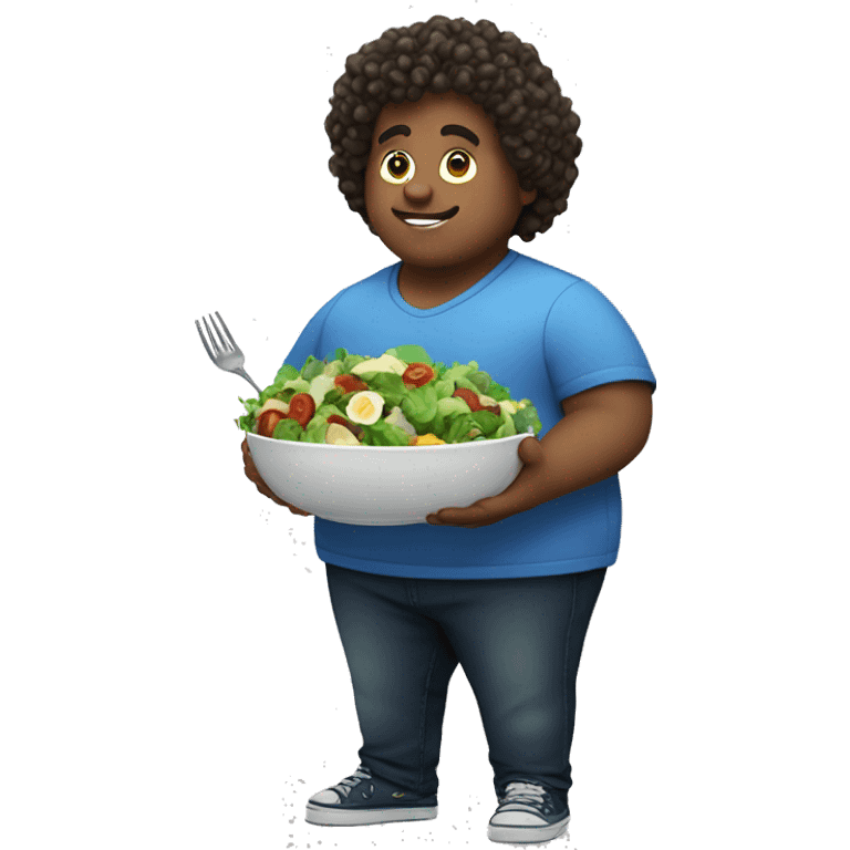 A big fat boy with curly way hair eating a salad emoji